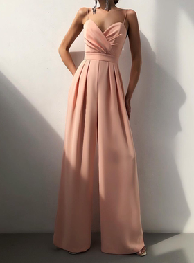 Women suspender Jumpsuit小V领吊带抹胸收腰阔腿连体裤拖地裤女