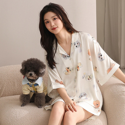 芬腾冰丝睡衣女夏短袖短裤开衫透