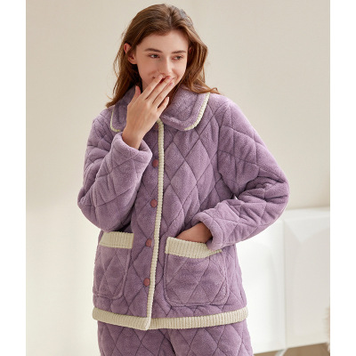 芬腾三层夹棉抗静电睡衣女冬季加厚加绒棉袄可外穿休闲家居服套装