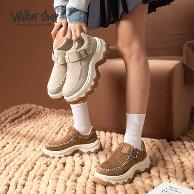 Walker Shop2025秋冬季新款复古百搭透气拼接一脚蹬厚底板鞋女鞋
