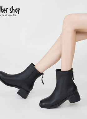 Walker Shop切尔西靴女2025年春季黑色真皮厚底增高英伦风时装靴