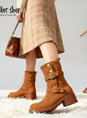 Walker Shop2025秋冬季新款复古百搭透气拼接一脚蹬厚底板鞋女鞋