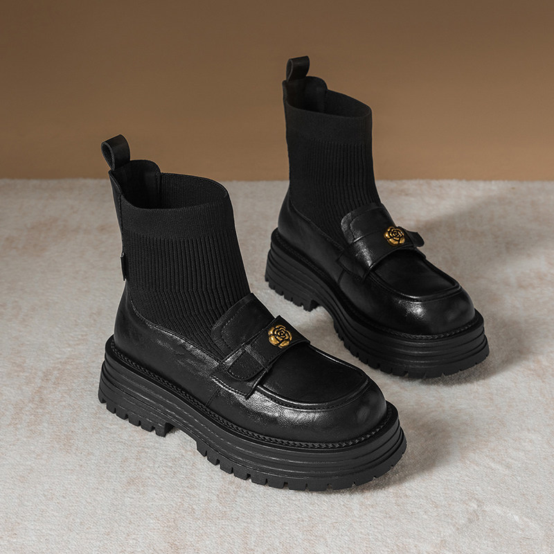 英伦风厚底弹力袜靴女黑色乐福鞋短靴增高瘦瘦靴百搭圆头长筒靴,女鞋,弹力靴/袜靴,淘宝优惠券,粉丝福利购,淘宝优惠卷