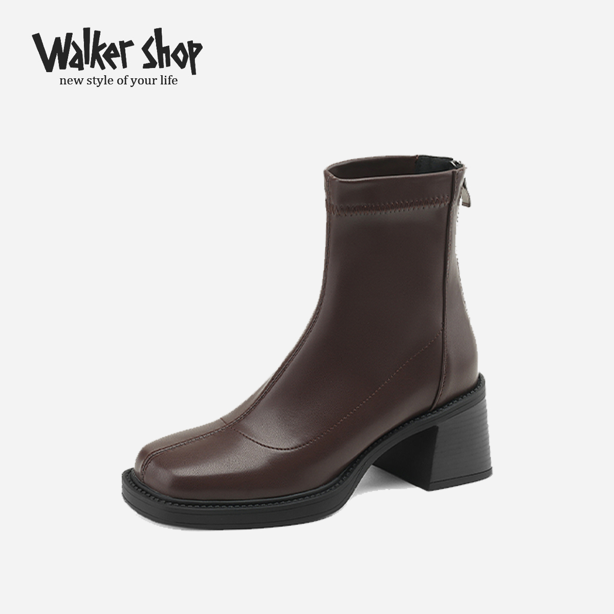 奥卡索女鞋方头粗跟弹力短靴女后拉链瘦瘦靴棕色高跟马丁靴