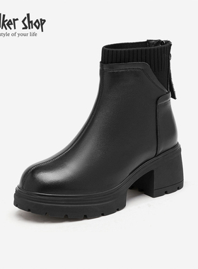 Walker Shop真皮早秋厚底短靴女瘦瘦靴2025新款加绒气质马丁靴