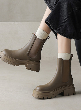 Walker Shop马丁靴女真皮磨砂厚底工装鞋2025秋冬新款纯色烟筒靴