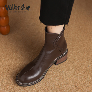 奥卡索女鞋复古骑士显瘦短靴短筒粗跟个性朋克风马丁靴皮靴女靴