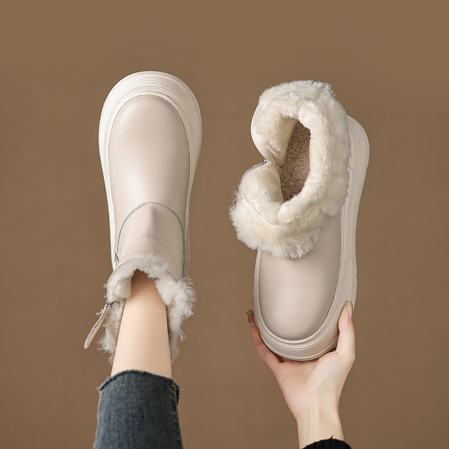 奥卡索女鞋厚底雪地靴冬季加绒