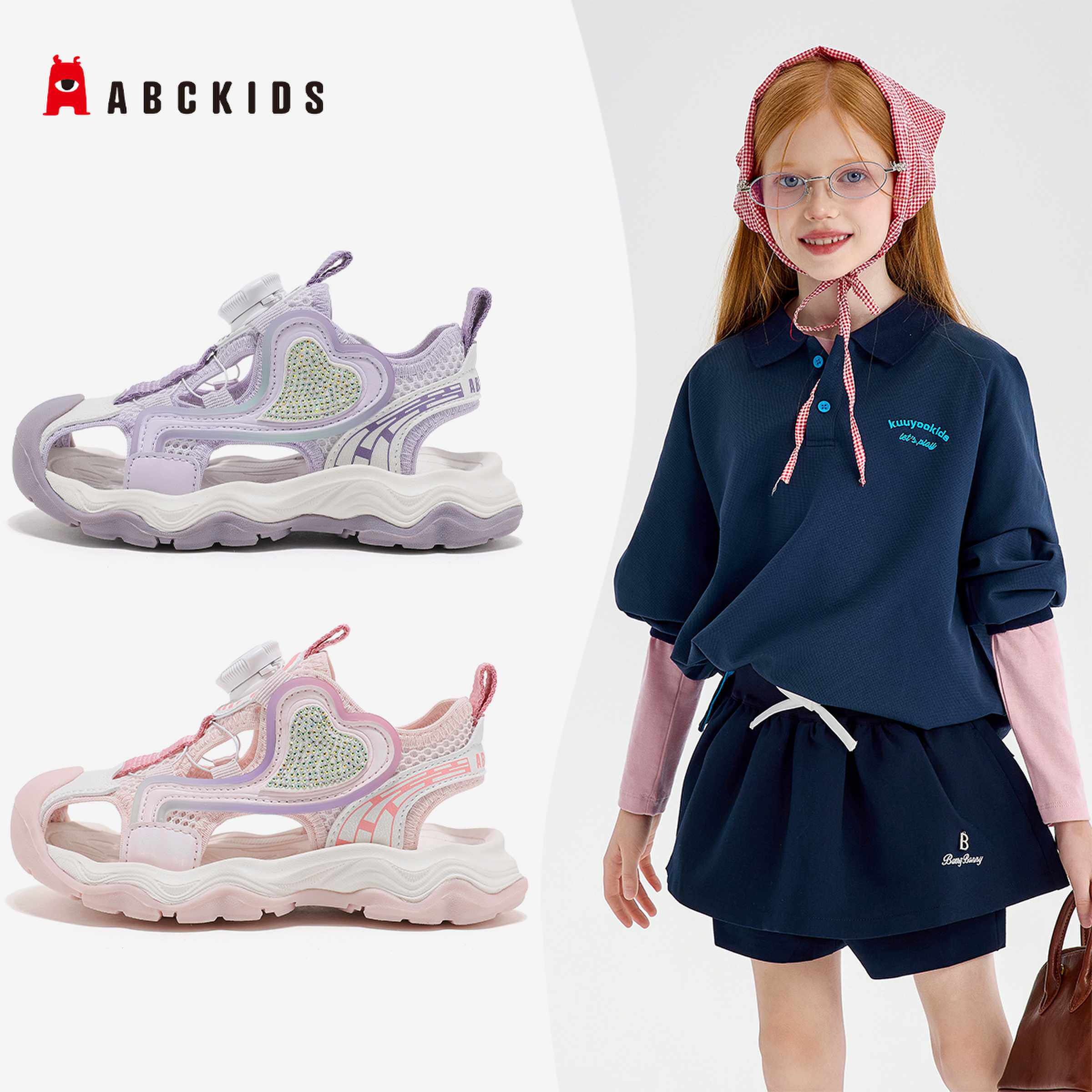 ABCkids儿童2026年夏季新款女童甜美风镂空透气轻便旋转纽扣凉鞋