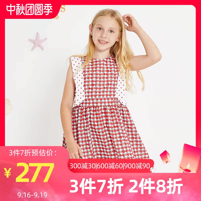 eland kids衣恋儿童夏季新女童撞色圆领淑女百褶裙连衣裙