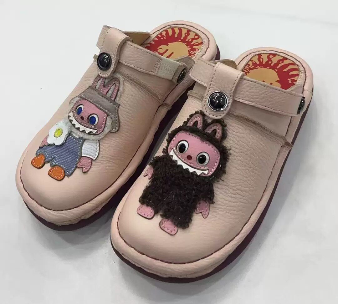 纯手工缝线真皮拼色卡通气垫舒适休闲彩虹女平底单凉拖鞋软底软面