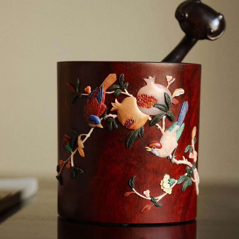 印度小叶紫檀清供博古图嵌百宝笔筒文房木雕工艺品毛笔字画收纳筒