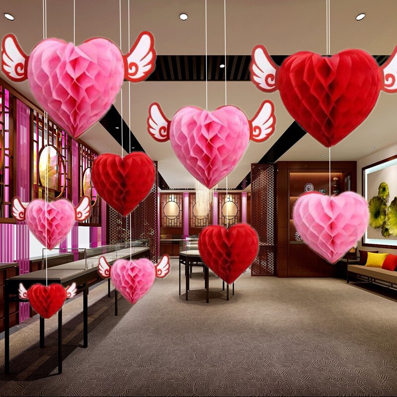 嘉乐福七夕情人节圣诞节装饰品蜂窝爱心纸花球挂件婚房布置橱窗