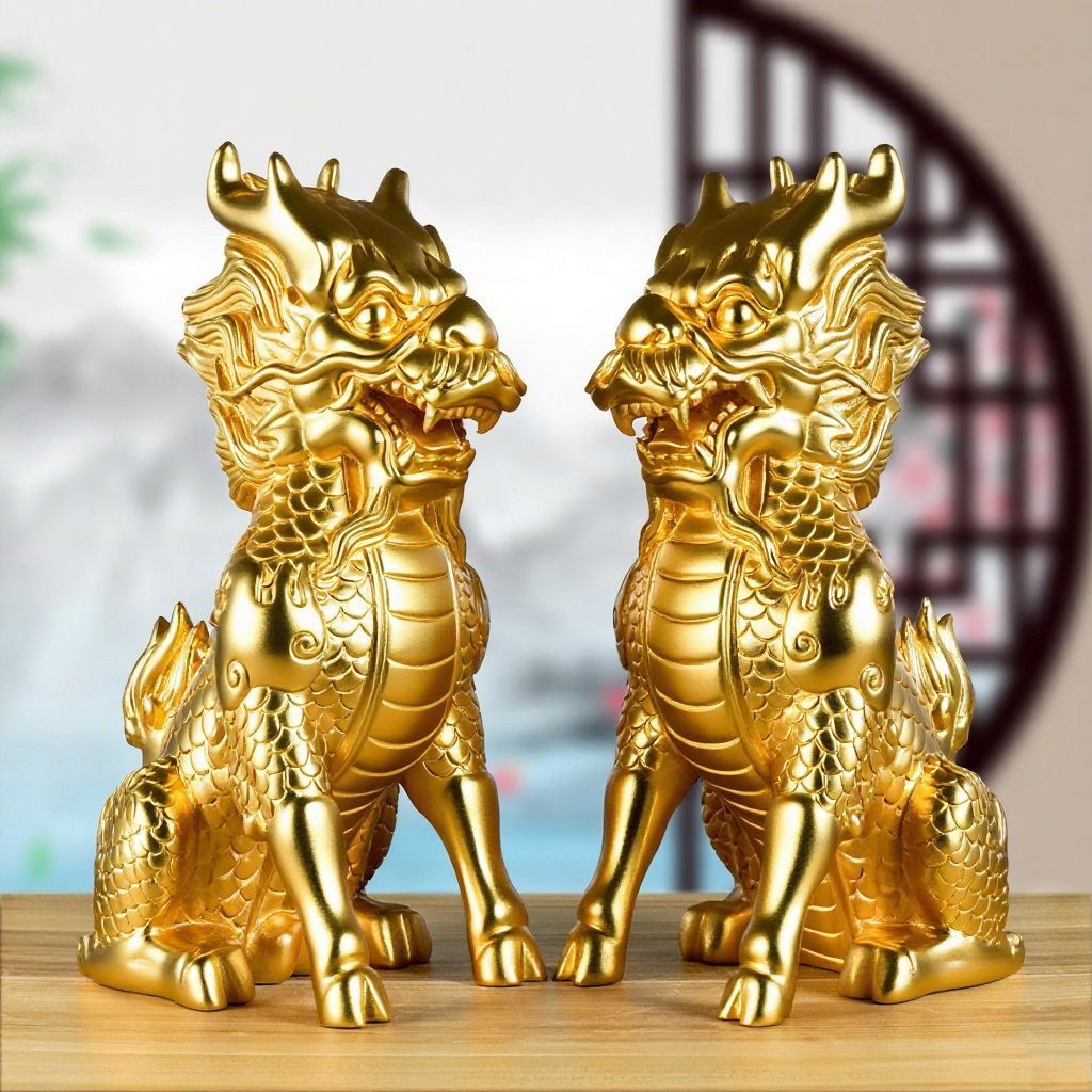 金色实木麒麟摆件木质客厅装饰品实木头雕刻火麒麟工艺品乔迁送礼