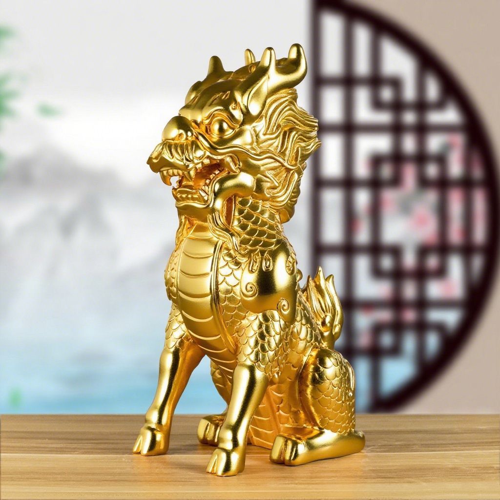 金色实木麒麟摆件木质客厅装饰品实木头雕刻火麒麟工艺品乔迁送礼