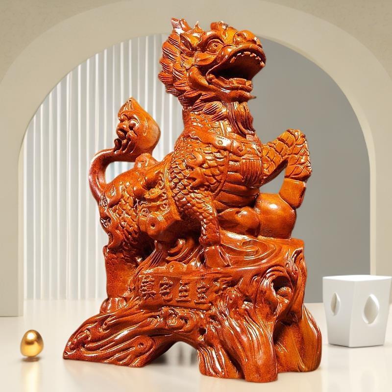 花梨木雕刻麒麟摆件实木质公母纯木制家用客厅办公室装饰品