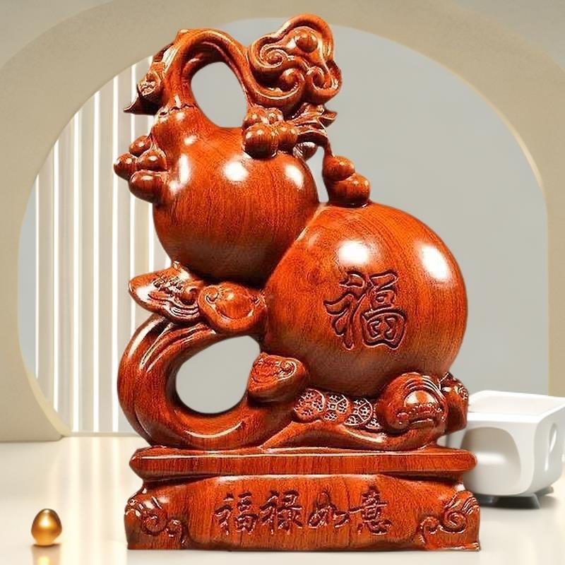 花梨木雕多子福如意葫芦摆件