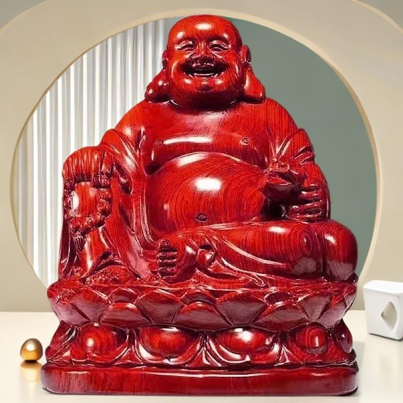 红花梨木雕弥勒佛像摆件坐莲