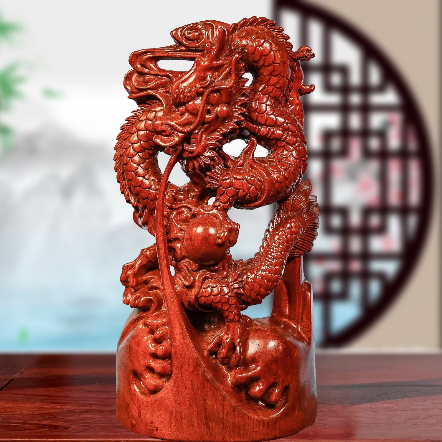 花梨木龙摆件祥戏珠12生肖