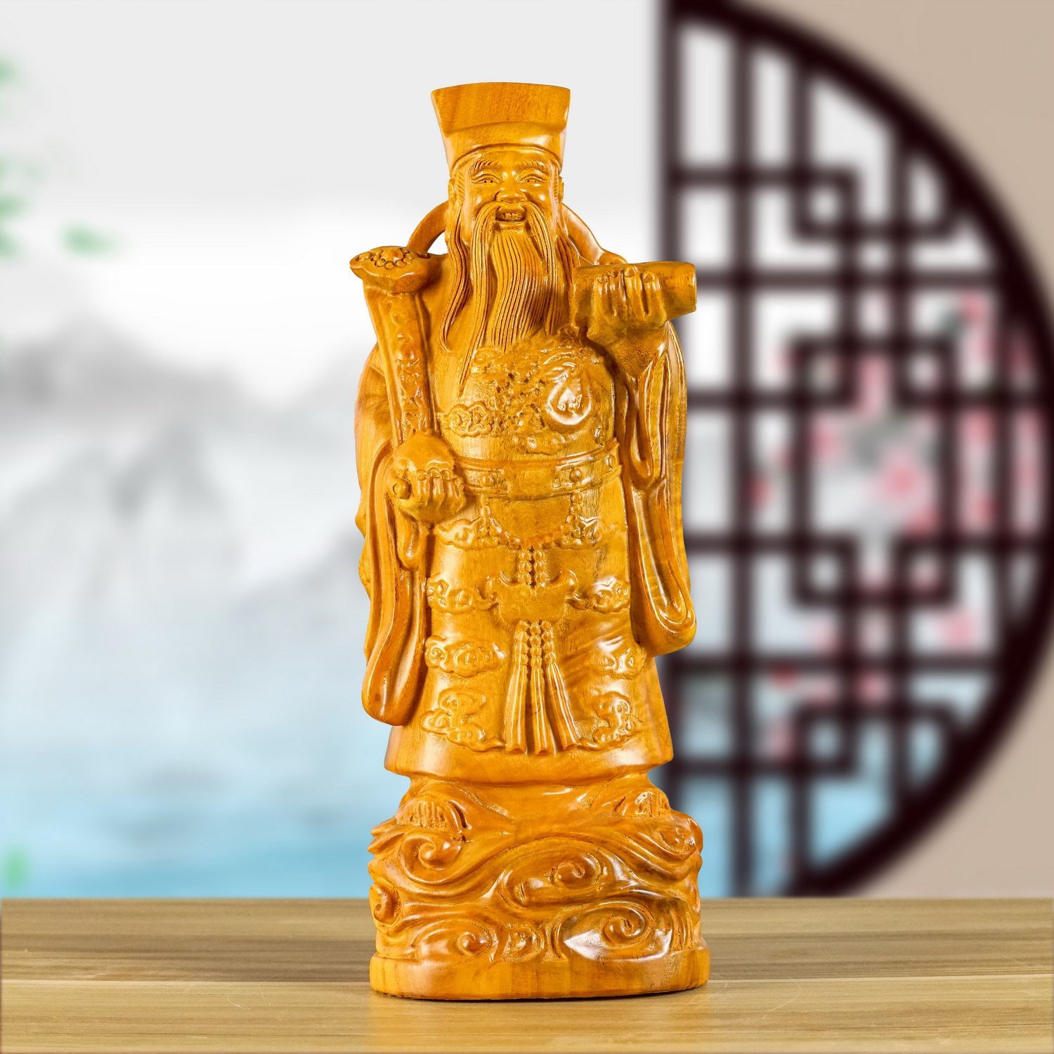 香樟木福禄寿三星摆件财神