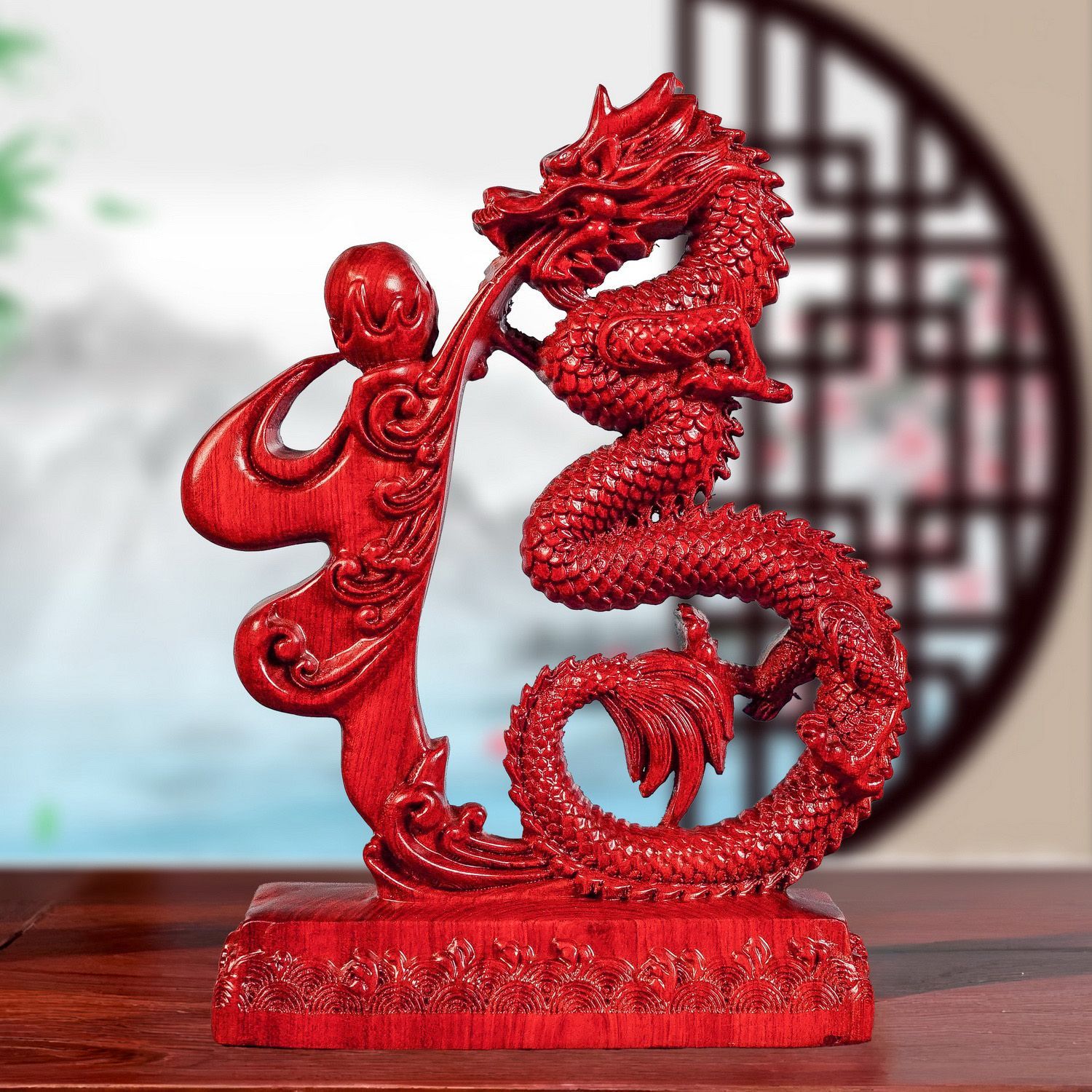 红色花梨木福龙摆件实生肖