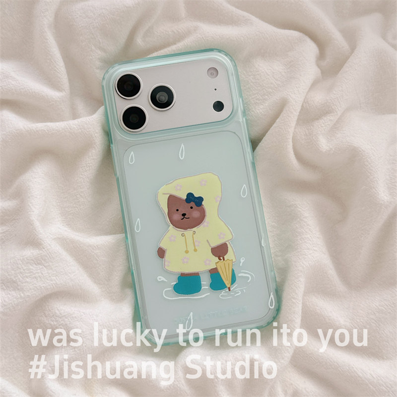 ins磨砂透明绿色雨衣小熊适用iphone17promax苹果16pro手机壳15新款15pro女款16日韩卡通17创意防摔全包硬壳