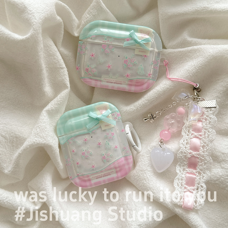 春夏格子碎花蝴蝶结适用苹果耳机保护套airpods4无线蓝牙耳机壳四代airpodpro2二代ipod耳机盒airpods3保护壳