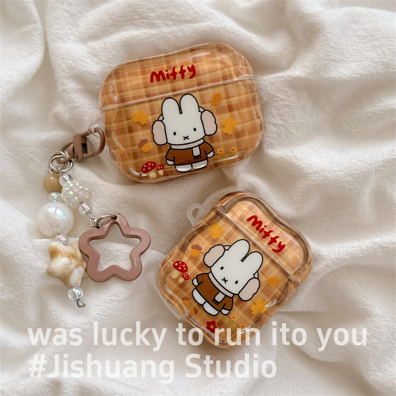 秋冬棕色格子米菲兔挂饰适用airpods4保护套airpodspro3代苹果耳机套二代无线蓝牙保护壳airpod3女款全包软壳