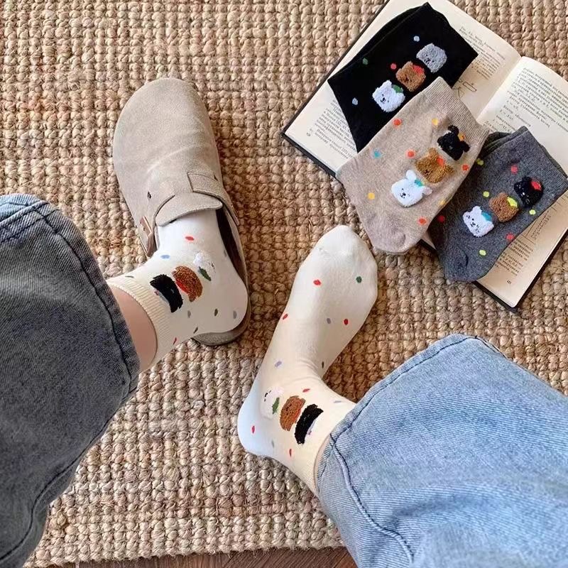 日系可爱小熊春秋彩色波点袜子女