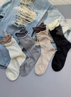 韩国春夏灰色袜子简约ins假两件拼色堆堆袜小腿袜女中筒袜纯色潮