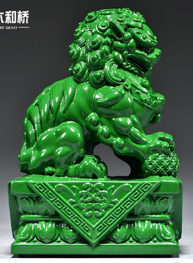 绿色木雕刻狮子一对北京宫门狮摆件家居办公室装饰工艺品开业送礼