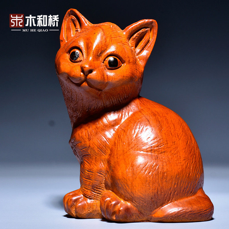 花梨木雕猫摆件动物木猫红木家居客厅新居装饰工艺品店铺开业送礼