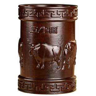 黑檀木雕五牛图笔筒工艺品办公室书桌家居客厅木质笔筒摆件送礼