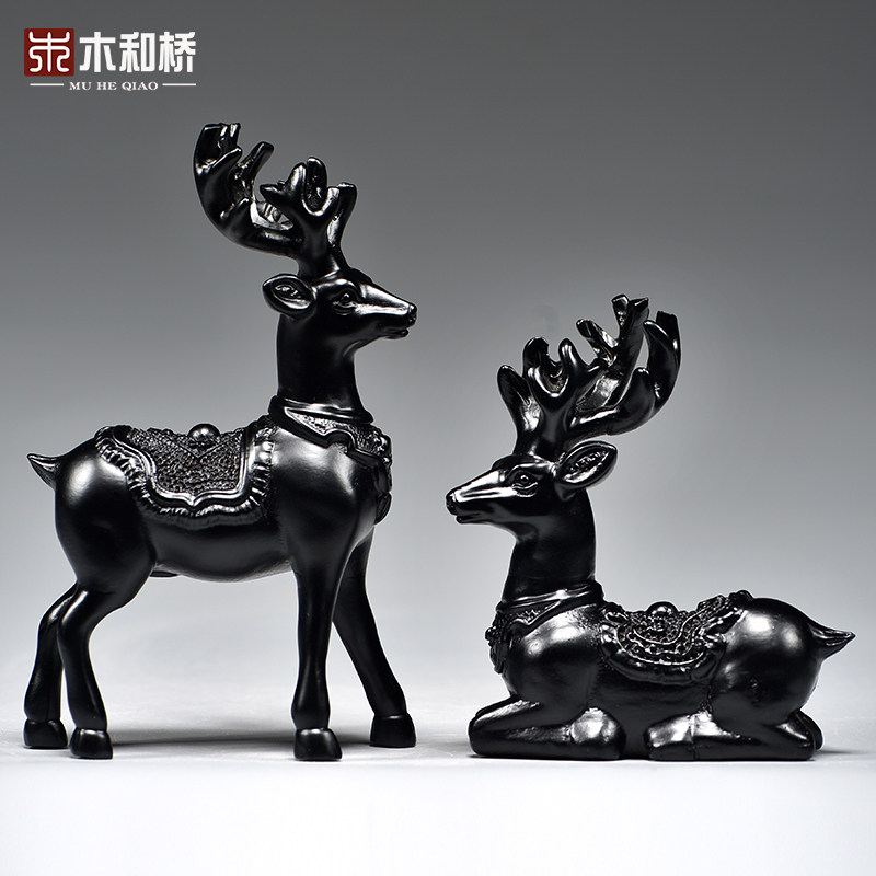 黑色木头梅花鹿摆件实木制雕刻