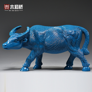 天蓝色木质水牛摆件木头