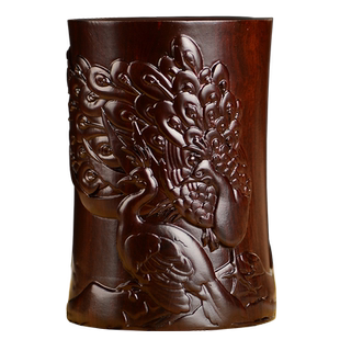 黑檀木雕凤凰笔筒工艺品办公室书桌家居客厅木质笔筒摆件送礼