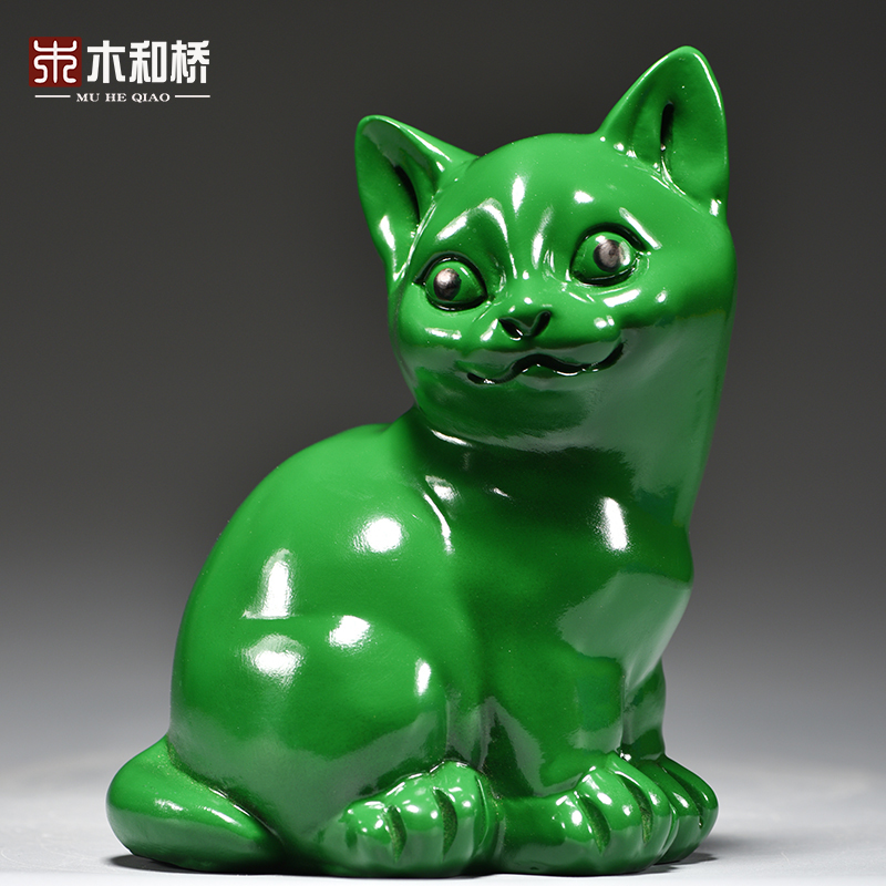 绿色猫咪雕刻摆件动物木头