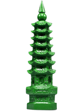 绿色桃木质雕刻7层文昌塔摆件