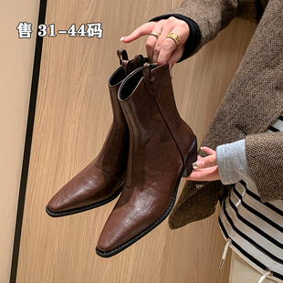 牛皮~2025新款大码短靴女41-43粗跟切尔西靴41 42 43 44码马丁靴