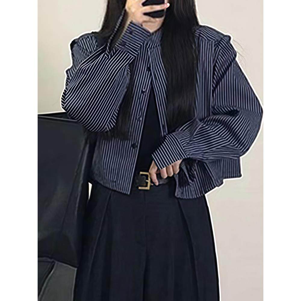 JOYIASS高级感独特别致小上衣蓝色条纹通勤衬衫秋冬女装时髦开衫