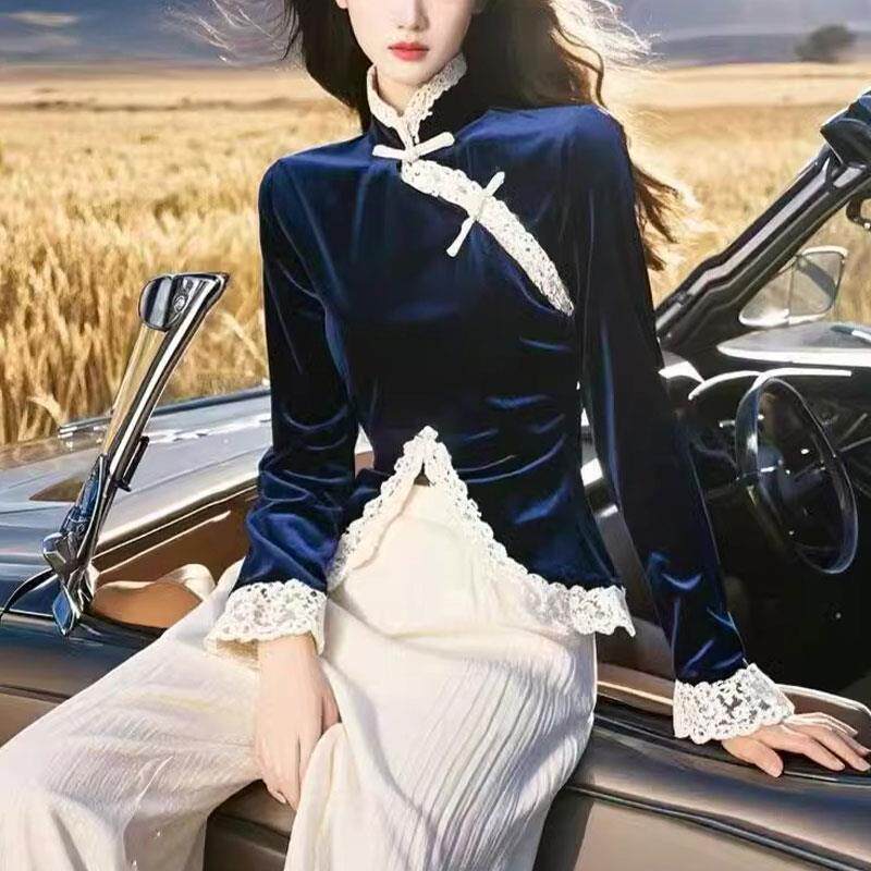 BLLOUKE新中式盘扣长袖衬衫秋冬高级感蕾丝拼接漂亮小衫超好看别
