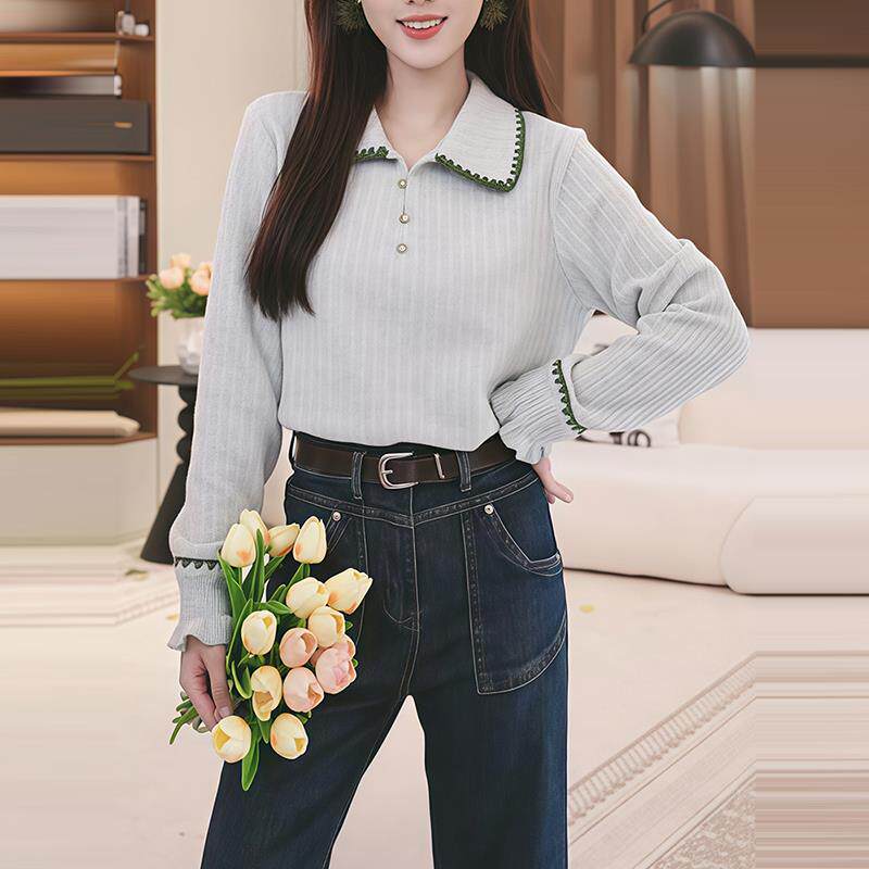 JOYIASS复古港风坑条百搭休闲宽松上衣女秋韩版POLO领正肩长袖宽