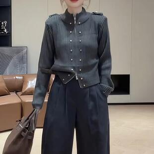 JOYIASS复古格雷系半高领泫雅风毛衣外套女秋季穿搭高级感双拉链