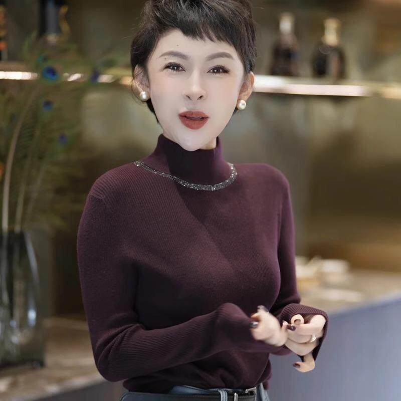 BLLOUKE设计感重工烫钻高领长袖针织衫秋冬修身打底衫毛衣柔软亲