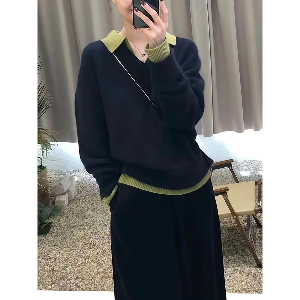 JOYIASS加厚假两件POLO领毛衣撞色设计感秋冬长袖套头内搭轻奢针