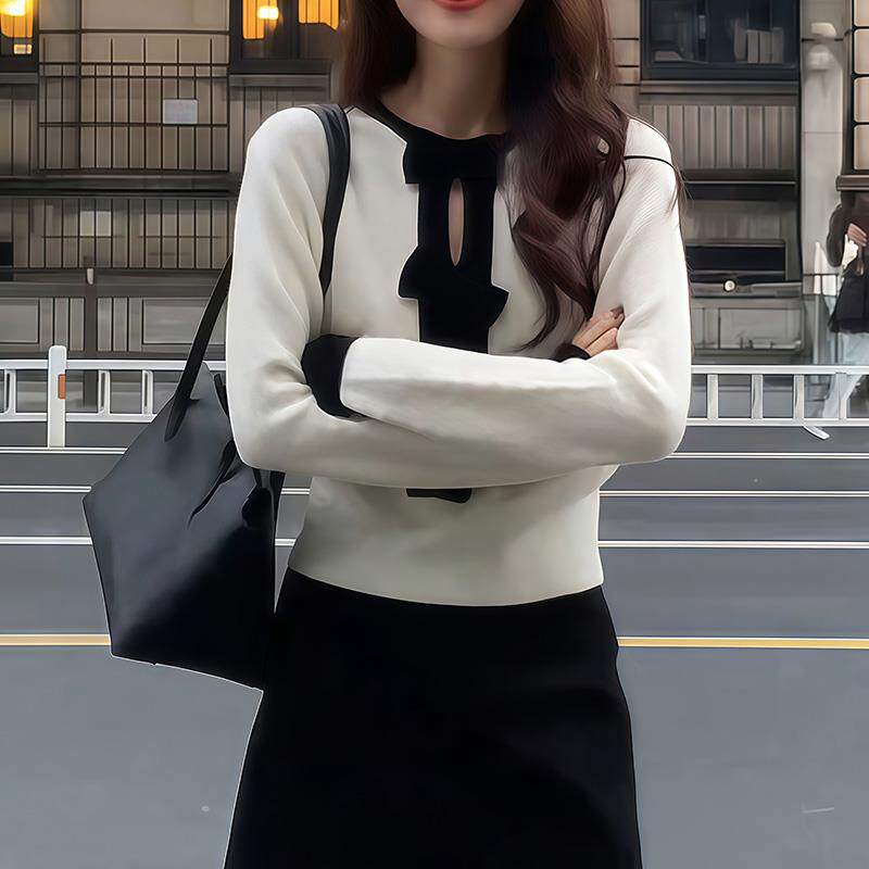 JOYIASS秋冬设计感独特别致毛衣女装冬白色内搭蝴蝶结长袖针织打