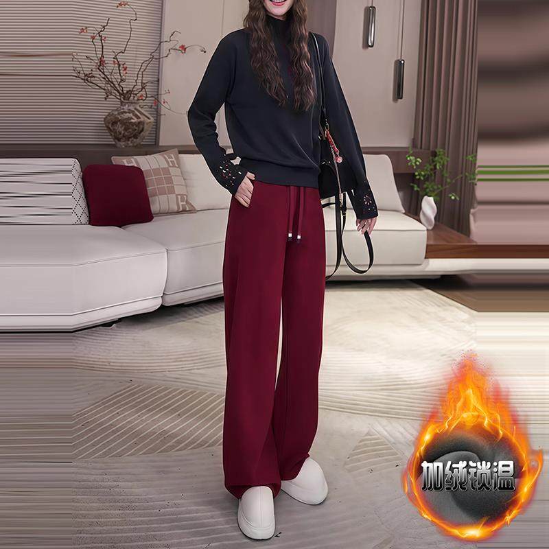 JOYIASS一整套ootd穿搭女秋季韩版黑色蕾丝拼接上衣红色阔腿裤时