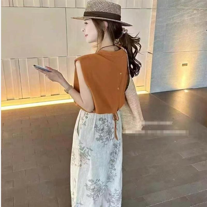 BLLOUKE2025年夏季焦糖色小口袋无袖纯背心T恤女新款夏全宽松上