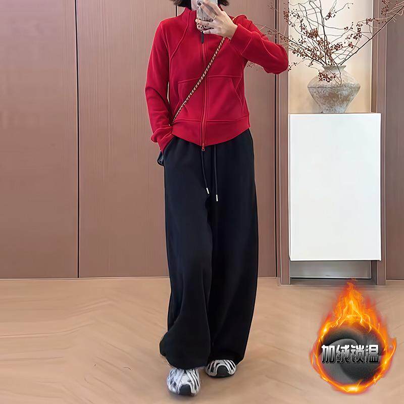 JOYIASS加绒加厚时尚休闲套装女秋冬新款拉链卫衣休闲弯刀运动裤