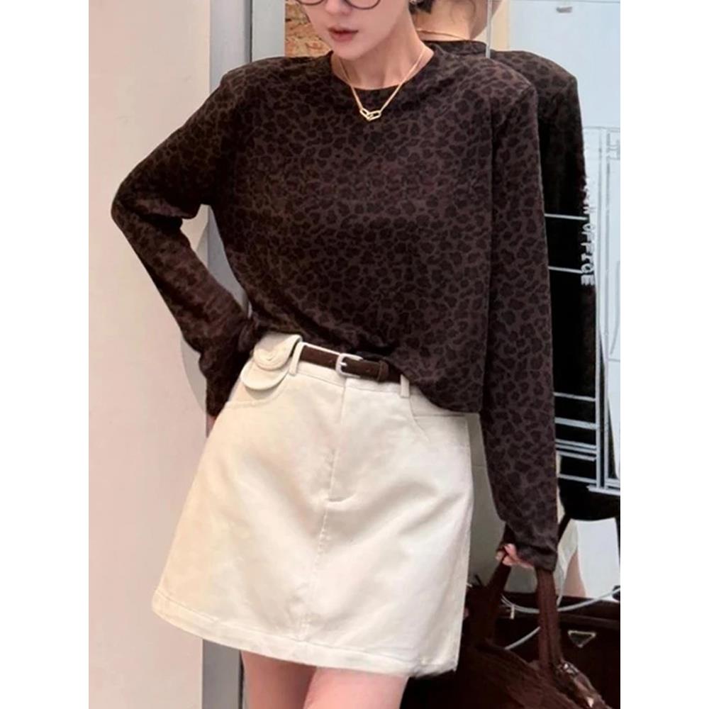 JOYIASS洋气轻奢豹纹长袖T恤女2025早秋新款显瘦休闲圆领内搭打底